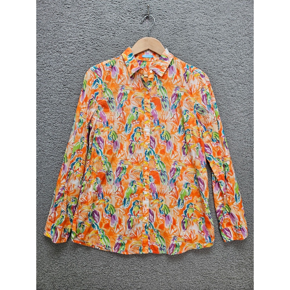 J.McLaughlin Button Down Shirt Medium Orange Tropical Parrot Toucan Print Cotton